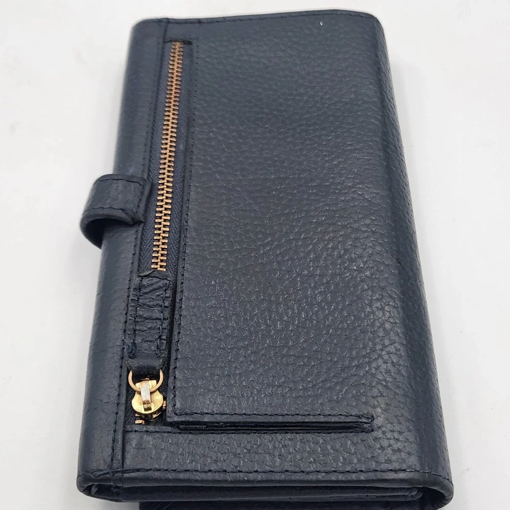 Estalon Pebbled‎ Leather RFID Long Wallet Trifold Snap Closure - Navy Blue